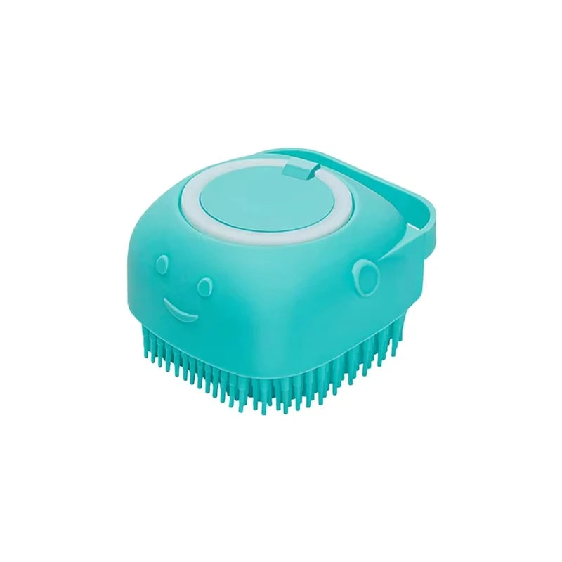 Silicone Soft Rubber Pet Massage Shower Brush with Builtin Shampoo Storage Self Cleaning Detangling for Dogs Cats Grooming Brush